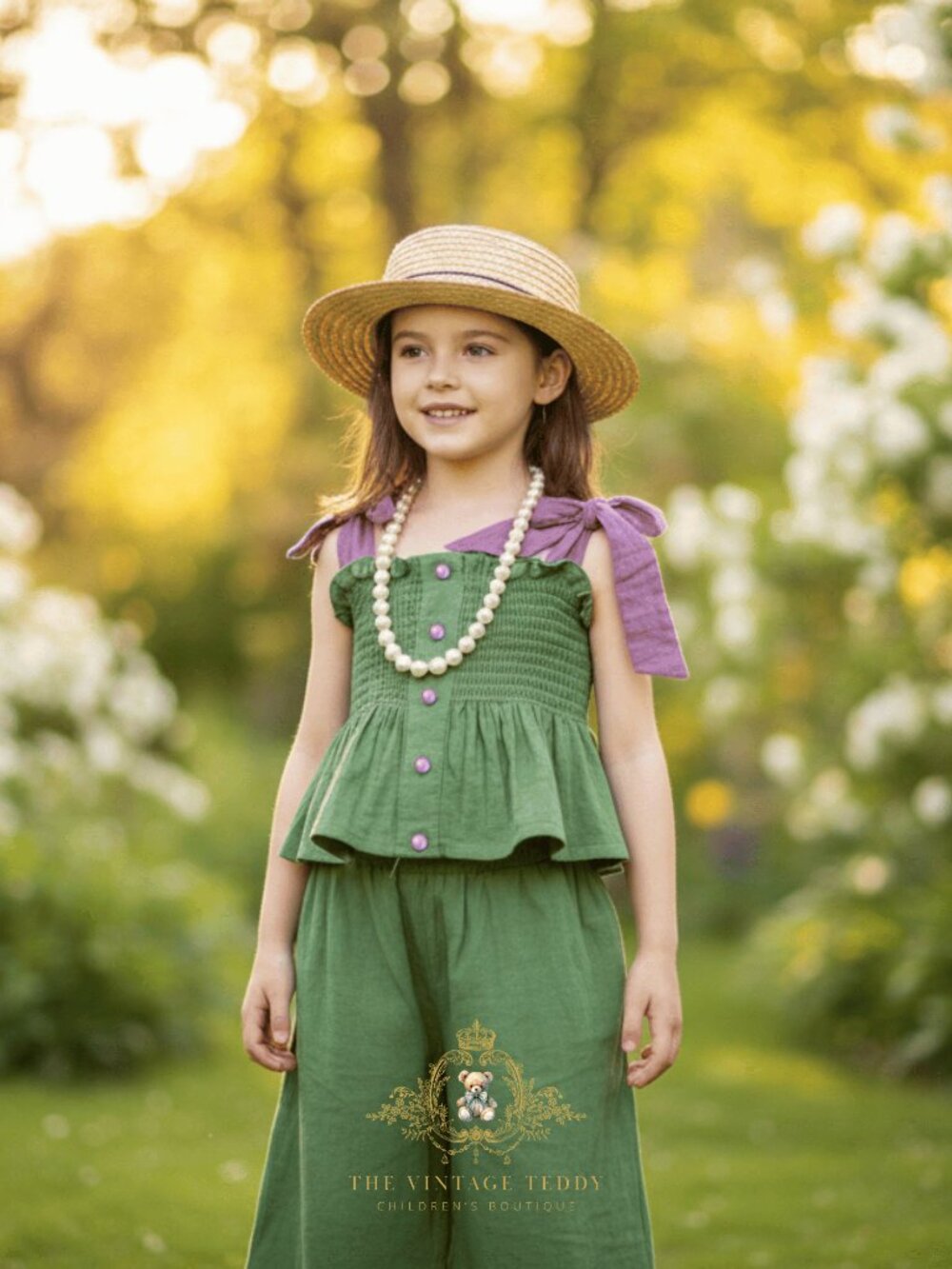 NWT Lovely Girls Blouse & Pants Kids 2-Piece Set Nap Smock Green & Purple 2-3T